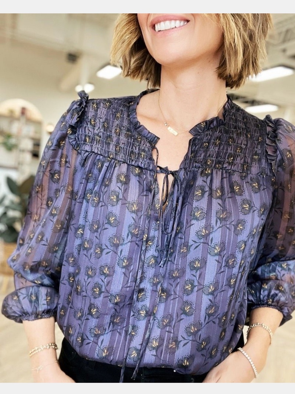 JoFlower Sheer Floral Smocked Yoke Double Tie Front Blouse in Purple